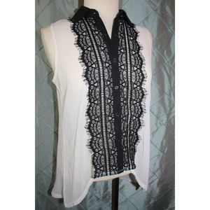 New Direction Women Med Petite Black White Button Up Sleeve High Low Lace Top